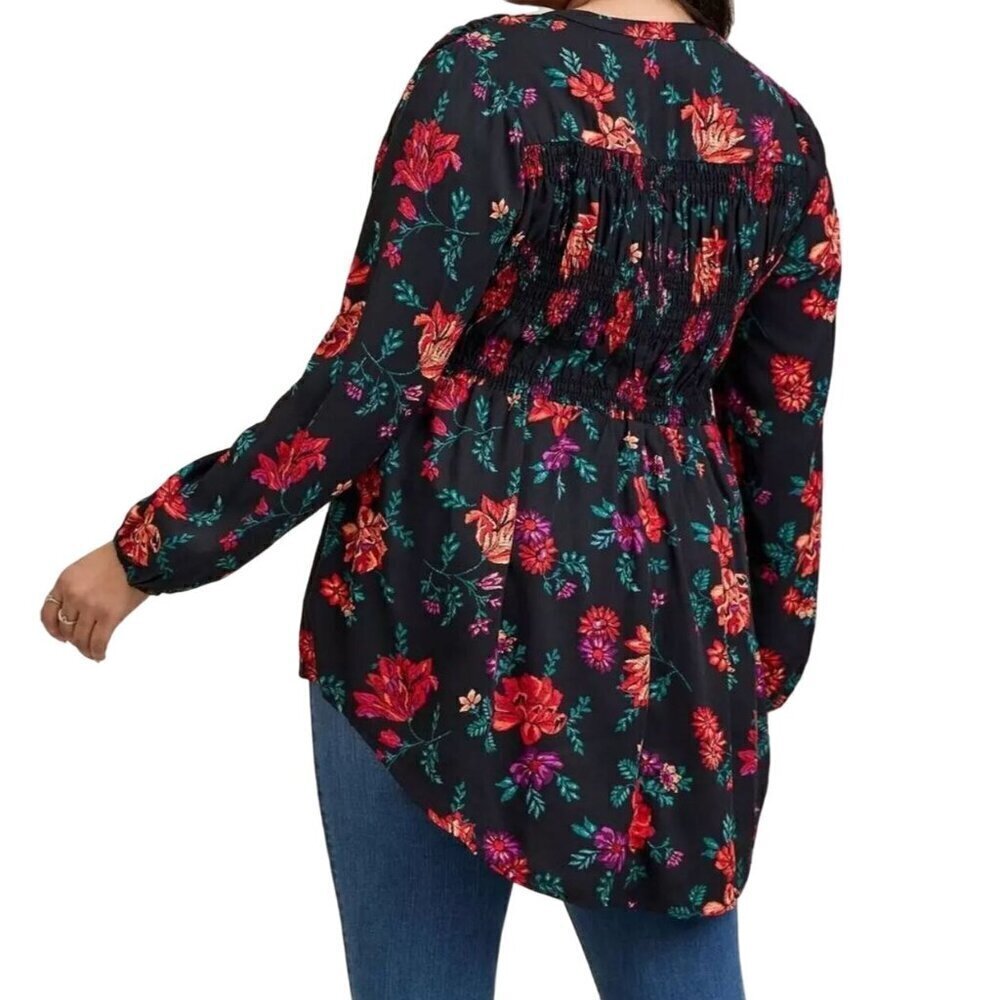 Torrid Top Women 1X Black Floral Smock Tropical Western Boho Hippie Festival 80s